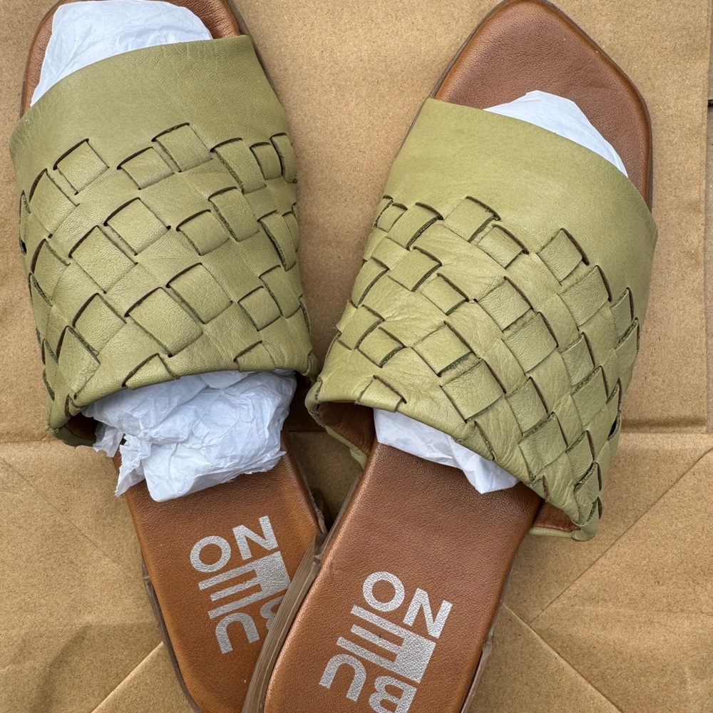 Bueno Green Woven Leather Sandals